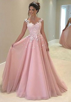 A-Line V-Neck Sleeveless Sweep Train Pink Prom/Evening Dress with Appliques