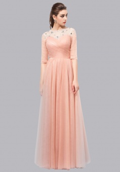 A-Line Bateau Half Sleeves Lace-up Long Peach Prom Dress with Beading Pleats