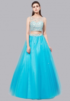 Two Piece Bateau Floor-Length Open Back Blue Prom Dress with Beading