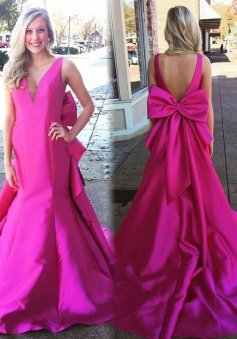 Mermaid V-Neck Court Train Backless Fuchsia Prom Dress with Bowknot