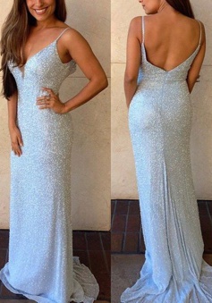 Sheath Spaghetti Straps Sweep Train Backless Sky Blue Sequined Prom Dress 