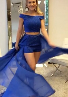 Two Piece Off-the-Shoulder Sweep Train Split-Side Royal Blue Chiffon Prom Dress with Sequins