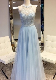 A-Line Round Neck Sleeveless Floor Length Blue Prom Dress with Lace Beading