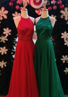 A-Line Halter Floor Length Backless Red/Hunter Prom Dress with Beading