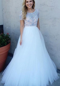 A-Line Short Sleeves Bateau Floor-Length White Prom Dress with Beading