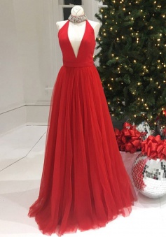 A-Line Halter Sleeveless Floor-Length Red Prom Dress with Beading