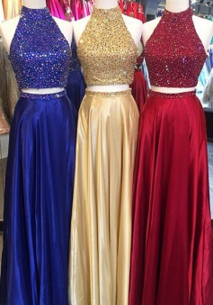 Two Piece Halter Sleeveless Floor-Length Prom Dress with Beading