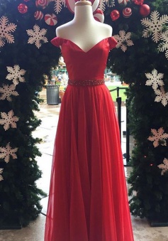 A-Line Off-the-Shoulder Floor-Length Red Tulle Prom Dress with Beading