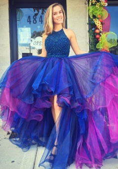 A-Line Halter Hi-Lo Royal Blue Organza Prom/Homecoming Dress with Beading Ruffles