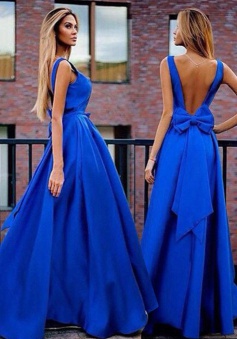 A-Line V-Neck Sweep Train Backless Royal Blue Prom Dress with Bowknot Pleats