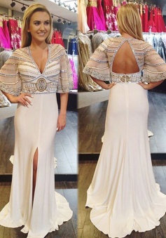 Sheath V-Neck Half Sleeves Open Back Split Long Ivory Prom Dress with Beading