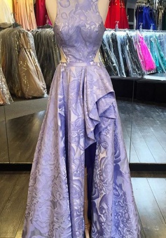 A-Line Round Neck Backless Asymmetry Purple Printed Prom Dress