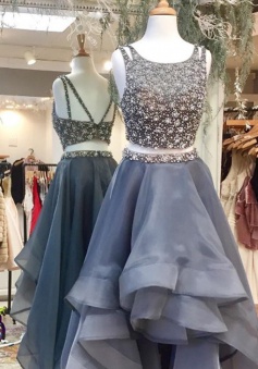 Two Piece Scoop Sleeveless High Low Backless Gray Prom Dress with Beading