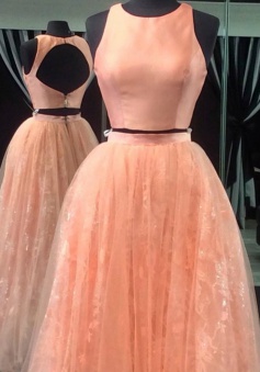 Two Piece Jewel Sleeveless Open Back  Long Peach Prom Dress with Lace