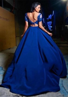 A-Line Bateau Short Sleeves Backless Royal Blue Prom Dress with Appliques Beading