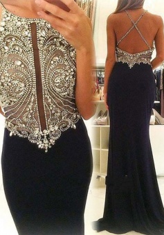 Sheath Jewel Sweep Train Backless Navy Blue Prom Dress with Beading