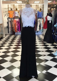 Sheath High Neck Open Back Long Black Prom Dress with Beading Appliques