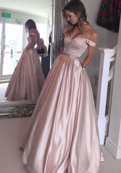 A-Line Off-the-Shoulder Floor-Length Pearl Pink Prom Dress with Beading Pockets
