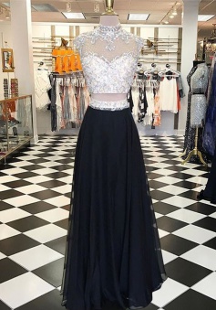 Two Piece High Neck Cap Sleeves Open Back Black Prom Dress with Beading