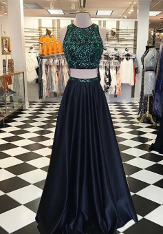 Two Piece Jewel Floor-Length Navy Blue Prom Dress with Beading