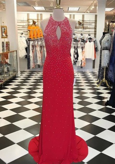 Sheath Jewel Sweep Train Open Back Keyhole Red Prom Dress with Beading