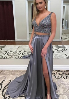 Two Piece V-Neck Sweep Train Silver Prom Dress with Beading Split-Side