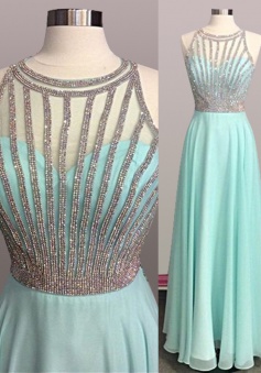 A-Line Jewel Sleeveless Floor-Length Mint Green Prom Dress with Beading