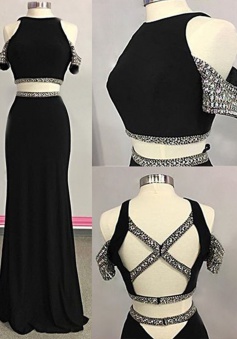 Sheath Jewel Sweep Train Open Back Black Prom Dress with Beading