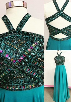 A-Line V-Neck Floor-Length Open Back Turquoise Prom Dress with Beading