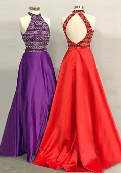 A-Line High Neck Open Back Long Red/Purple Prom Dress with Beading