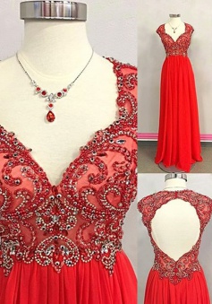 A-Line Scoop Cap Sleeves Open Back Red Prom Dress with Beading