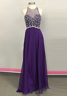 A-Line Jewel Sleeveless Illusion Back Long Purple Prom Dress with Beading