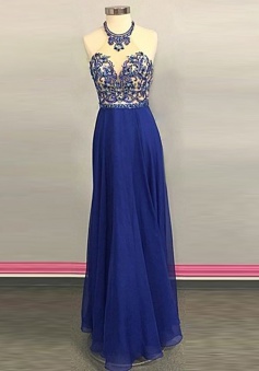 A-Line Jewel Floor-Length Backless Royal Blue Prom Dress with Beading