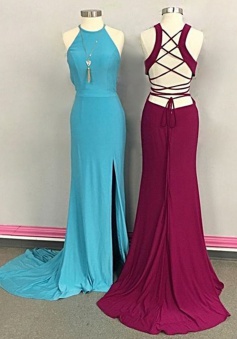 Sheath Jewel Sleeveless Sweep Train Backless Blue/Burgundy  Prom Dress