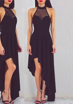 A-Line Jewel Sleeveless High Low Open Back Black Prom Dress