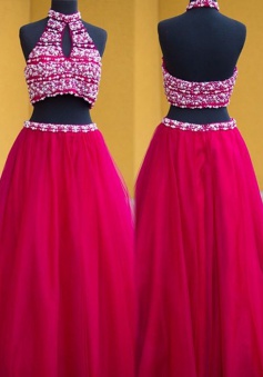 Two Piece Halter Long Rose Pink Keyholes Prom Dress with Beading