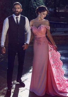 Sheath Off-the-Shoulder Sweep Train Pink Prom Dress with Lace Sash