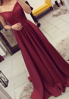 A-Line Off-the-Shoulder Sweep Train Burgundy Prom Dress with Pleats