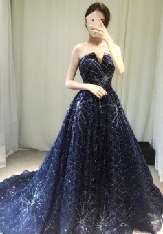 A-Line Strapless Sweep Train Navy Blue Organza Prom Dress with Beading