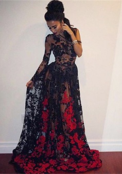 A-Line One-Shoulder Sweep Train Black Lace Prom Dress with Appliques