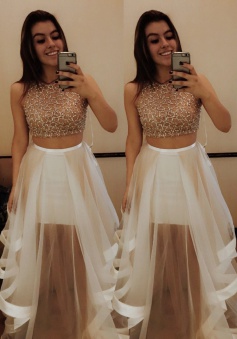 Two Piece Jewel Sleeveless Tiered White Prom Dress with Beading