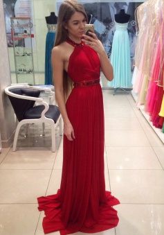 A-Line Halter Floor-Length Pleated Red Prom Dress with Beading