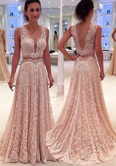 Two Piece Scalloped-Edge Long Pearl Pink Lace Prom Dress