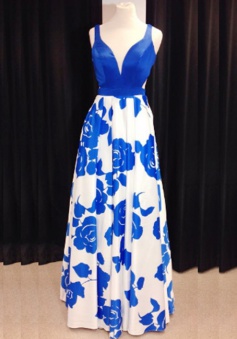 A-Line Scoop Floor-Length Open Back Printed Royal Blue Prom Dress