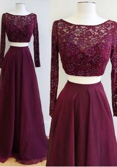 Two Piece  Bateau Long Sleeves Burgundy Prom Dress with Lace Beading