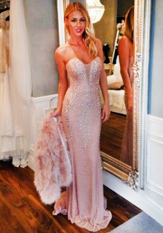 Mermaid Sweetheart Sweep Train Pink Prom Dress with Beading