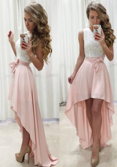A-Line Jewel Sleeveless High Low Pearl Pink Prom Dress with Sash Lace
