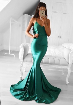 Mermaid Spaghetti Straps Sweep Train Green Taffeta Prom Dress