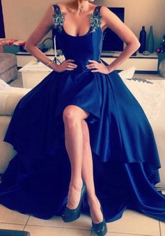 A-Line Straps Asymmetry Backless Royal Blue Satin Prom Dress with Appliques