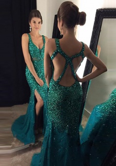 Mermaid Scoop Sweep Train Open back Green Tulle Prom Dress with Beading